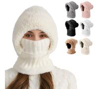 zoocco 3 In 1 Beanie Hat - 3 In 1 Beanie Hat with Scarf and Mask, Plush Lined Winter Hat for Women, Outdoor Wind Protection Hiking Skiing Stretch Fit Comfort (Off-White)