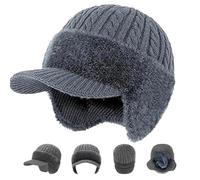 zoocco 3 in 1 Knitted Hat, Mens Blocking Knitted Hats with Ear Flaps, Faux Mink Fur Lining, Windproof & Ear Coverage (Gray)