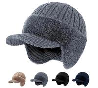 zoocco 3 in 1 Knitted Hat, Middle-Aged Men Blocking Knitted Hats with Ear Flaps, Faux Mink Fur Lining & Windproof (Gray)