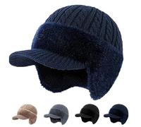 zoocco 3 in 1 Knitted Hat, Middle-Aged Men Blocking Knitted Hats with Ear Flaps, Faux Mink Fur Lining & Windproof (Dark Blue)