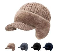 zoocco 3 in 1 Knitted Hat, Middle-Aged Men Blocking Knitted Hats with Ear Flaps, Faux Mink Fur Lining & Windproof (Khaki)
