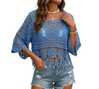 zoocco Boho Crochet Tops for Women Summer Beach Cover Up Casual Vacation Top (Blue,L)