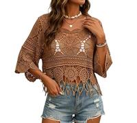 zoocco Boho Crochet Tops for Women Summer Beach Cover Up Casual Vacation Top (Brown,M)