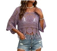 zoocco Boho Crochet Tops for Women Summer Beach Cover Up Casual Vacation Top (Purple,M)