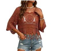 zoocco Boho Crochet Tops for Women Summer Beach Cover Up Casual Vacation Top (Red,XL)