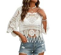 zoocco Boho Crochet Tops for Women Summer Beach Cover Up Casual Vacation Top (White,XL)