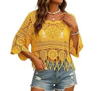 zoocco Boho Crochet Tops for Women Summer Beach Cover Up Casual Vacation Top (Yellow,M)