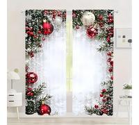 zoocco Christmas Ball Holiday Printed Curtains, Red Xmas Curtain with Snowflakes & Pine Branches, Sheer Christmas Curtains for Living Room, Bedroom, Kitchen & Holiday Party Decor (70 * 100cm)