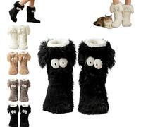zoocco Cozy Socks with Eyes, Women's Winter Warm Fuzzy Non-slip Slipper Socks with Cute Big Eyes, Thick Fleece (Black)