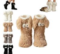zoocco Cozy Socks with Eyes, Women's Winter Warm Fuzzy Non-slip Slipper Socks with Cute Big Eyes, Thick Fleece (Brown)