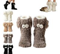 zoocco Cozy Socks with Eyes, Women's Winter Warm Fuzzy Non-slip Slipper Socks with Cute Big Eyes, Thick Fleece (Gray)
