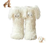 zoocco Cute Big-Eyes Cozy Socks for Women, Non-Slip Fuzzy Winter Slipper Socks, Warm & Soft Home Sock for Cold Weather (White)