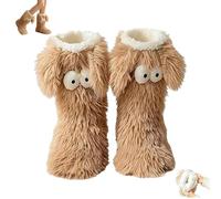 zoocco Cute Big-Eyes Cozy Socks for Women, Non-Slip Fuzzy Winter Slipper Socks, Warm & Soft Home Sock for Cold Weather (Coffee)