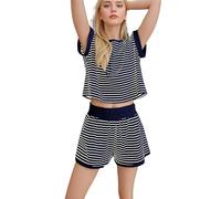 zoocco Cute Sets for Women Striped Sets Women 2 Piece Outfits Knit Lounge Matching Loungewear for Summer Home & Travel (Blue,M)