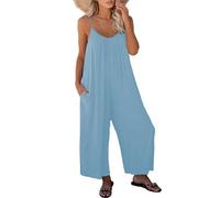 zoocco Jumpsuits for Women Dressy One Piece Casual Overalls with Pockets Wide Leg Sleeveless Vacation Outfits (Sky Blue,M)