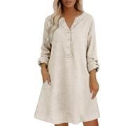 zoocco Linen Dress for Women, Cotton Linen Sundress with Pockets, Casual Boho Summer Dress (Apricot,S)