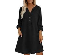 zoocco Linen Dress for Women, Cotton Linen Sundress with Pockets, Casual Boho Summer Dress (Black,L)
