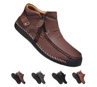 zoocco Men's Handmade Premium Leather Slip-On Driving Boots, The First Young Shoes Men Side Zipper Wide Toe, Arch Support & Non-Slip Sole (Dark Brown,44)