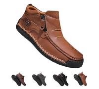 zoocco Men's Handmade Premium Leather Slip-On Driving Boots, The First Young Shoes Men Side Zipper Wide Toe, Arch Support & Non-Slip Sole (Light Brown,39)