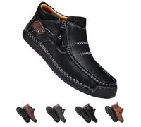 zoocco Men's Handmade Premium Leather Slip-On Driving Boots, The First Young Shoes Men Side Zipper Wide Toe, Arch Support & Non-Slip Sole (Black,46)