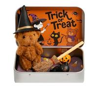 zoocco Mini Halloween Bear in a Box, Handmade Halloween Bear in a Box for Trick or Treat with Broomstick, Magic Cat & Coffin Decor for Loving Kids (Brown)