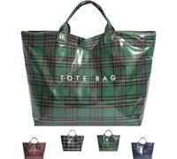 zoocco Plaid Tote Bag, Large Vintage Letters Print Tartan Tote Bag with Top Handle for College Students Shopping (Green)