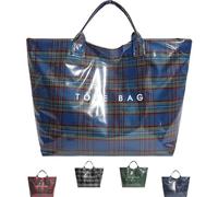 zoocco Plaid Tote Bag, Large Vintage Letters Print Tartan Tote Bag with Top Handle for College Students Shopping (Blue)