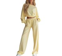 zoocco Sweatsuits Women 2 Piece Outfit, Wide Leg Pants Set (Light yellow,L)