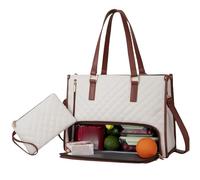 zoocco Tote Bag with Lunch Compartment for Women, 2 in 1 Tote Bags Lunch Bag Combo, Work Bags with Laptop Sleeve & Insulated Compartment for Women Office, Nurse, Teacher (White and Brown)