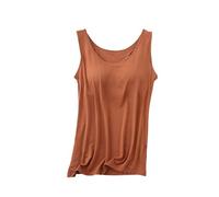 zoocco Women's Built-in Bra Tank Top - Sleeveless Wide Strap Modal Camisole for Yoga Workout Lounge Summer Casual (Caramel,M)