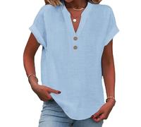 zoocco Womens Linen Tops Summer 2025 Trendy Button V-Neck Linen Shirts Loose Fit Peasant Boho Linen Tops for Women (Light Blue,M)