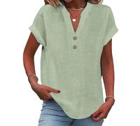 zoocco Womens Linen Tops Summer 2025 Trendy Button V-Neck Linen Shirts Loose Fit Peasant Boho Linen Tops for Women (Light Green,M)