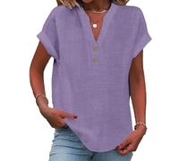 zoocco Womens Linen Tops Summer 2025 Trendy Button V-Neck Linen Shirts Loose Fit Peasant Boho Linen Tops for Women (Light Purple,5XL)