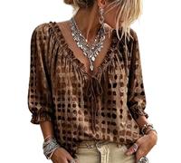 zoocco Women's Summer V Neck Polka Dot Lace Up Blouse (Brown,XXL)