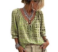 zoocco Women's Summer V Neck Polka Dot Lace Up Blouse (Green,XL)