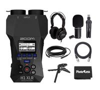 Zoom Grabadora práctica XLR H1, paquete con micrófono Zoom ZDM-1 Podcast con auriculares, parabrisas, cable XLR y soporte de mesa, y trípode de mesa