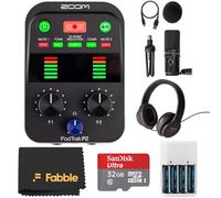 Zoom PodTrak P2 - Paquete de grabadora de podcast con micrófono ZUM-2, auriculares ZHP-2, soporte de trípode, soporte, parabrisas, cable USB-C, tarjeta microSDHC de 32 GB, kit de batería AA con