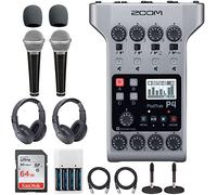 Zoom PodTrak P4 - Grabador de podcast multipista portátil + tarjeta de memoria SDXC de 64 GB + micrófono cardioide dinámico de mano + auriculares estéreo + parabrisas de espuma + soporte de micrófono de escritorio + baterías y cargador (paquete de 2)