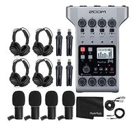 Zoom PodTrak P4 - Grabadora de Podcast multipista portátil + 4 micrófonos Zoom M-1 + 4 Auriculares + Parabrisas + Cables XLR + 4 Soportes de Mesa + paño - Paquete de micrófono de podcasting para 4