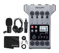 Zoom PodTrak P4 Grabadora de podcast multipista portátil + micrófono Zoom M-1 + auriculares, parabrisas, cable XLR + soporte de mesa + paño - Paquete de micrófono de podcasting para 1 persona
