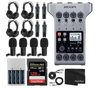 Zoom PodTrak P4 Grabadora de podcast portátil multipista + 4 micrófonos Zoom M-1 + 4 auriculares + 4 soportes de mesa + tarjeta de memoria SDXC Extreme PRO de 128 GB + baterías AA y cargador - Paquete