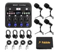 Zoom PodTrak P4next - Paquete de grabadora de podcast con cuatro paquetes de micrófonos Zoom ZDM-1, incluyendo auriculares, parabrisas, cables XLR y soportes de mesa para una configuración completa de