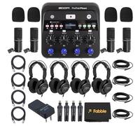 Zoom PodTrak P4next - Paquete de grabadora de podcast multipista portátil con 4 paquetes de micrófono Zoom ZDM-1, auriculares cerrados ZHP-1, soportes de micrófono de mesa, cables XLR, parabrisas de