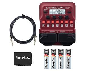Zoom Procesador multiefectos de guitarra B1 FOUR + Premium Max AA (paquete de 4) + cable de instrumento, 10 pies.