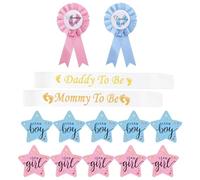 ZOOMPIL 4pcs Baby Shower Badge Sash Kit, 100pcs Pegatinas de Revelación Género, Mommy To Be and Daddy To Be Insignia, New Daddy Mom Regalos, Género Revela Suministros para Fiestas, para Baby Shower