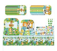 ZOOMPIL Juego de Vajilla de Fiesta Temática Selva Safari para 8 Personas, Platos, Vasos, Servilletas, Pajitas y Mantel con Diseños de Animales, Limpieza Sencilla, Ideal para Celebraciones y Reuniones