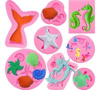 ZOOMPIL Marina Animales Moldes Silicona, 8pcs Molde sirena silicona, Molde Conchas del Mar,Molde sirena fondant,Molde de silicona sirena, Para hacer dulces, decorar pasteles