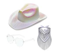 ZOOMPIL Sombrero de Vaquero Blanco con Bandana y Gafas de Amor, Sombrero Cowgirl de Fieltro Ajustable - Antideslizante y Estable, Ideal para Despedida de Soltera, Fiesta de Disfraces