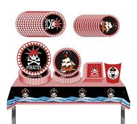 ZOOMPIL Vajilla de fiesta pirata, Pirata Vajilla Suministros de Fiesta Mantel Platos Servilleta de Papel Vasos Adornos Cumpleaños Pirata, Vajilla Suministros Pirata de cumpleaños 8 Invitados