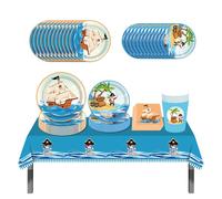 ZOOMPIL Vajilla de fiesta pirata, Pirata Vajilla Suministros de Fiesta Mantel Platos Servilleta de Papel Vasos Adornos Cumpleaños Pirata, Vajilla Suministros Pirata de cumpleaños 8 Invitados (Azul)